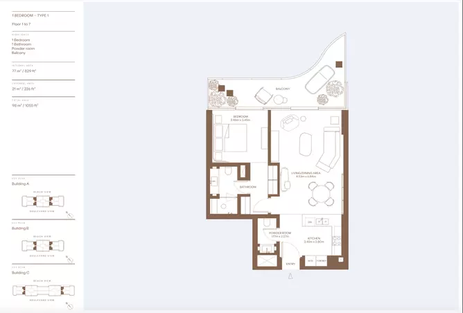 Dubai Harbour Residences (Area 1) — 1BR floor plan