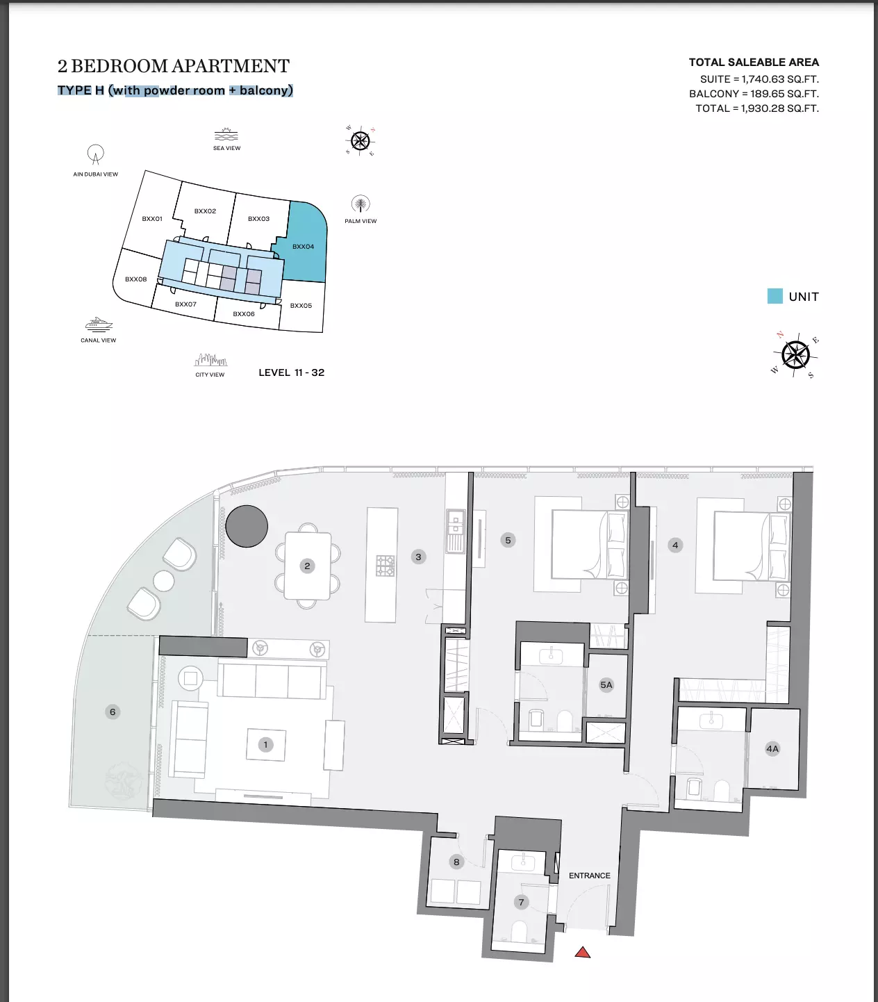 Sobha Seahaven Type H (with powder room + balcony), 2 beds