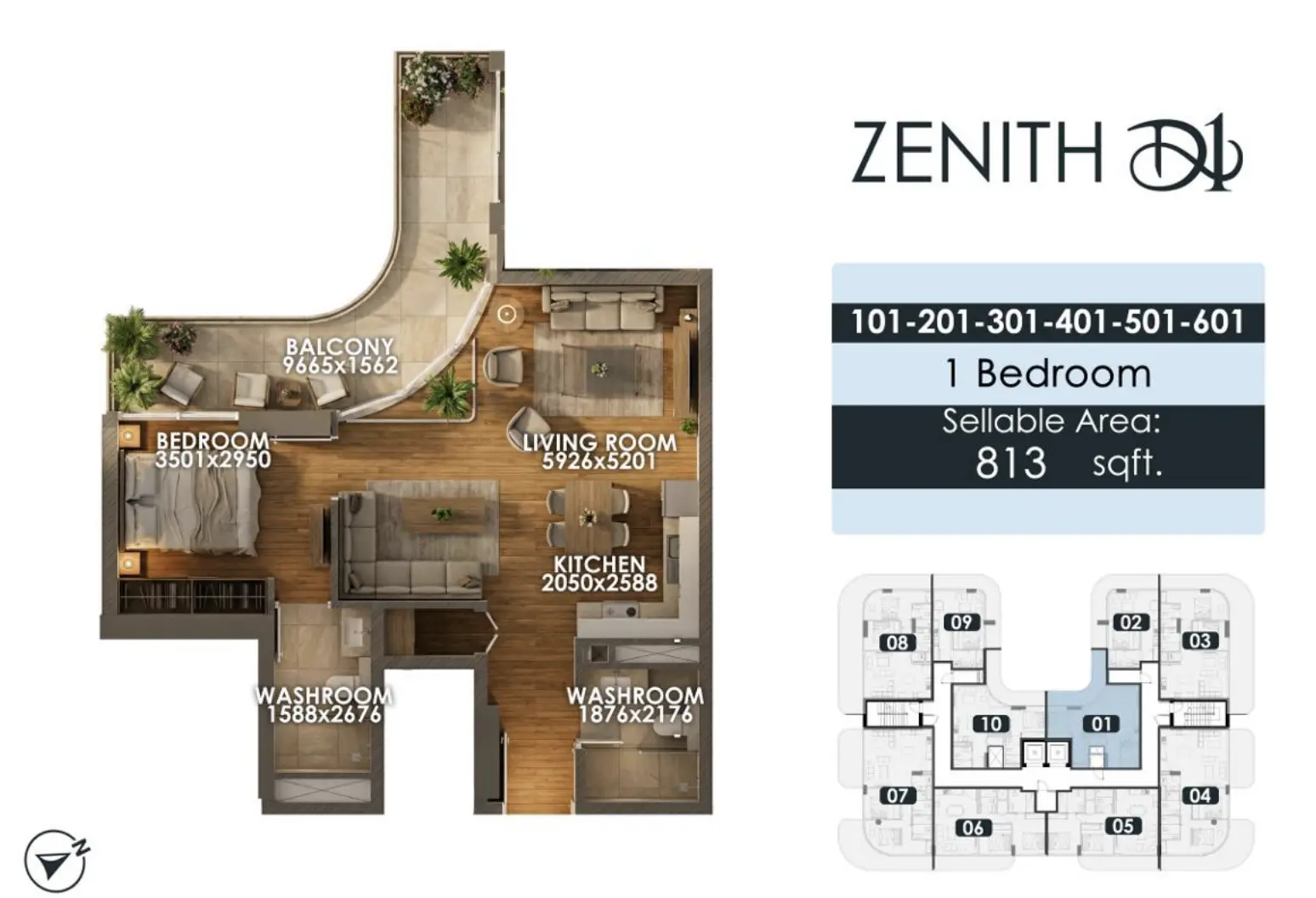 Zenith D1 — 1BR floor plan