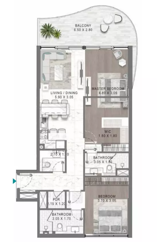Lagoons Views Phase 2 By Damac — 2BR floor plan