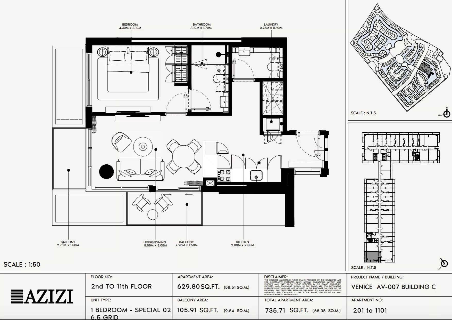 Azizi Venice 7 Type 201-Building C, 1 bed