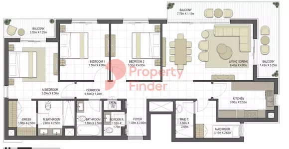 Aysha Residences By Eagle Hills B2-TYPE 3C-1, 3 beds