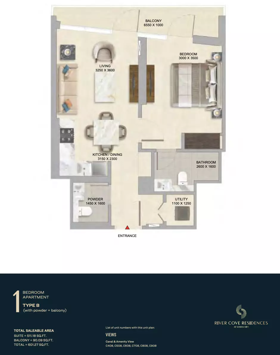River Cove Residences at sobha city — 1BR floor plan