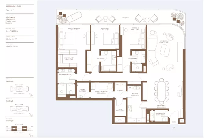 Dubai Harbour Residences (Area 1) — 3BR floor plan