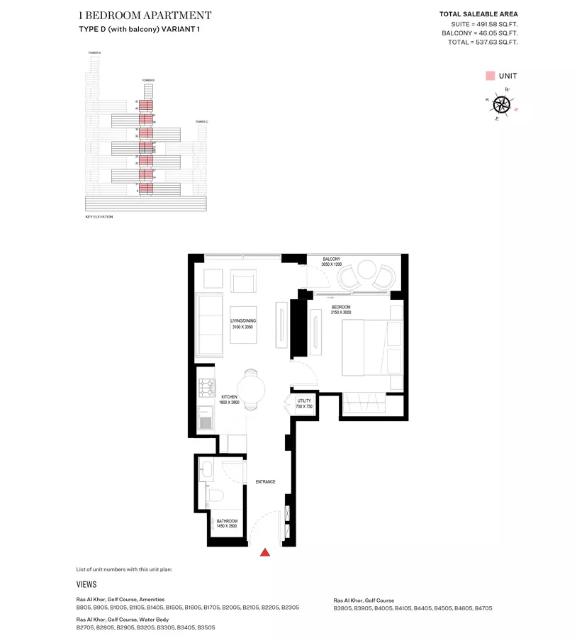 Sobha One Type D Variant 1-Tower B, 1 bed