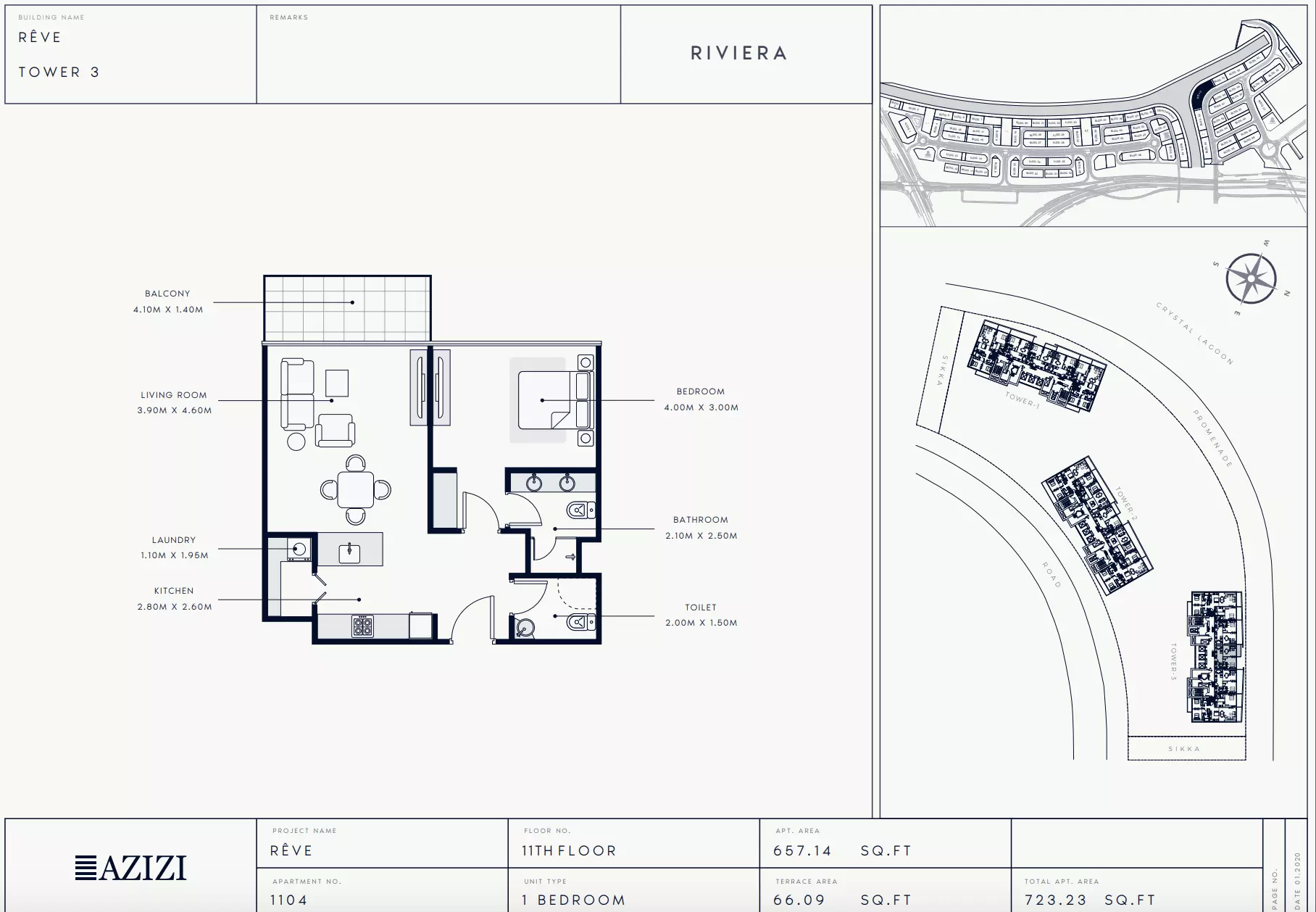 Azizi Riviera Reve Type 1104-Tower 3, 1 bed