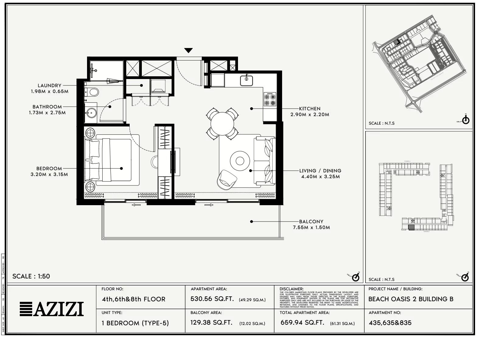 Beach Oasis Phase 2 By Azizi Type 5 - BB, 1 bed