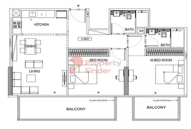 Binghatti Lavender — 2BR floor plan
