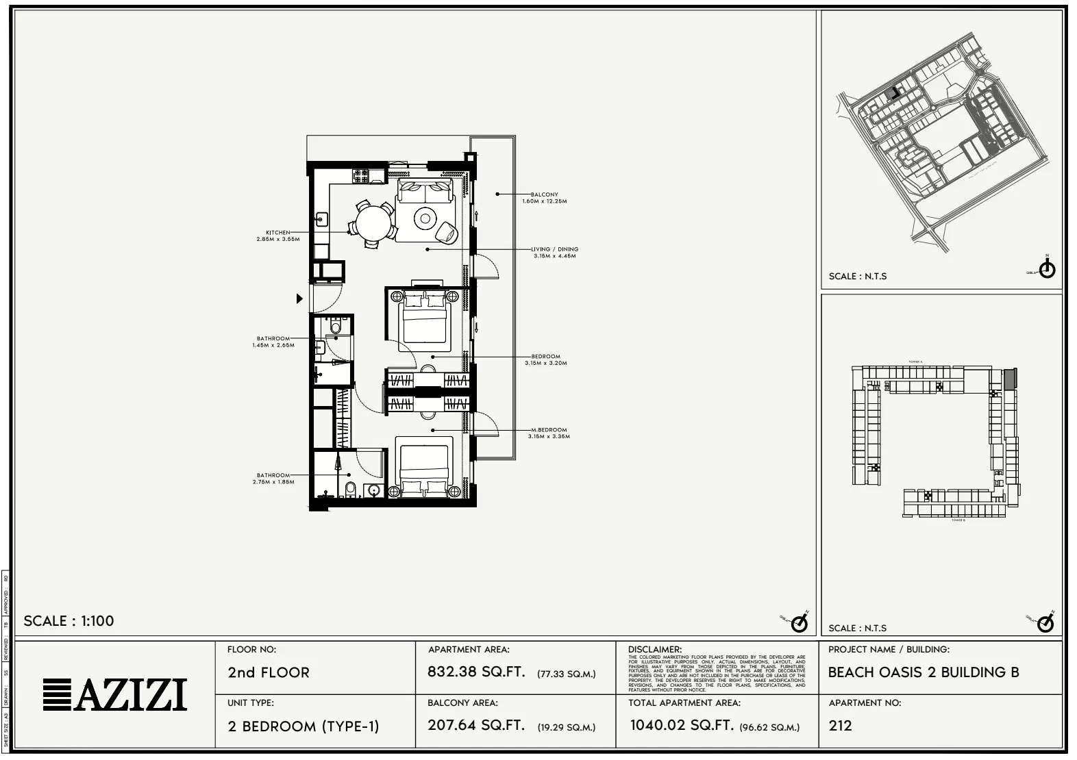 Beach Oasis Phase 2 By Azizi Type 1 - BB, 2 beds