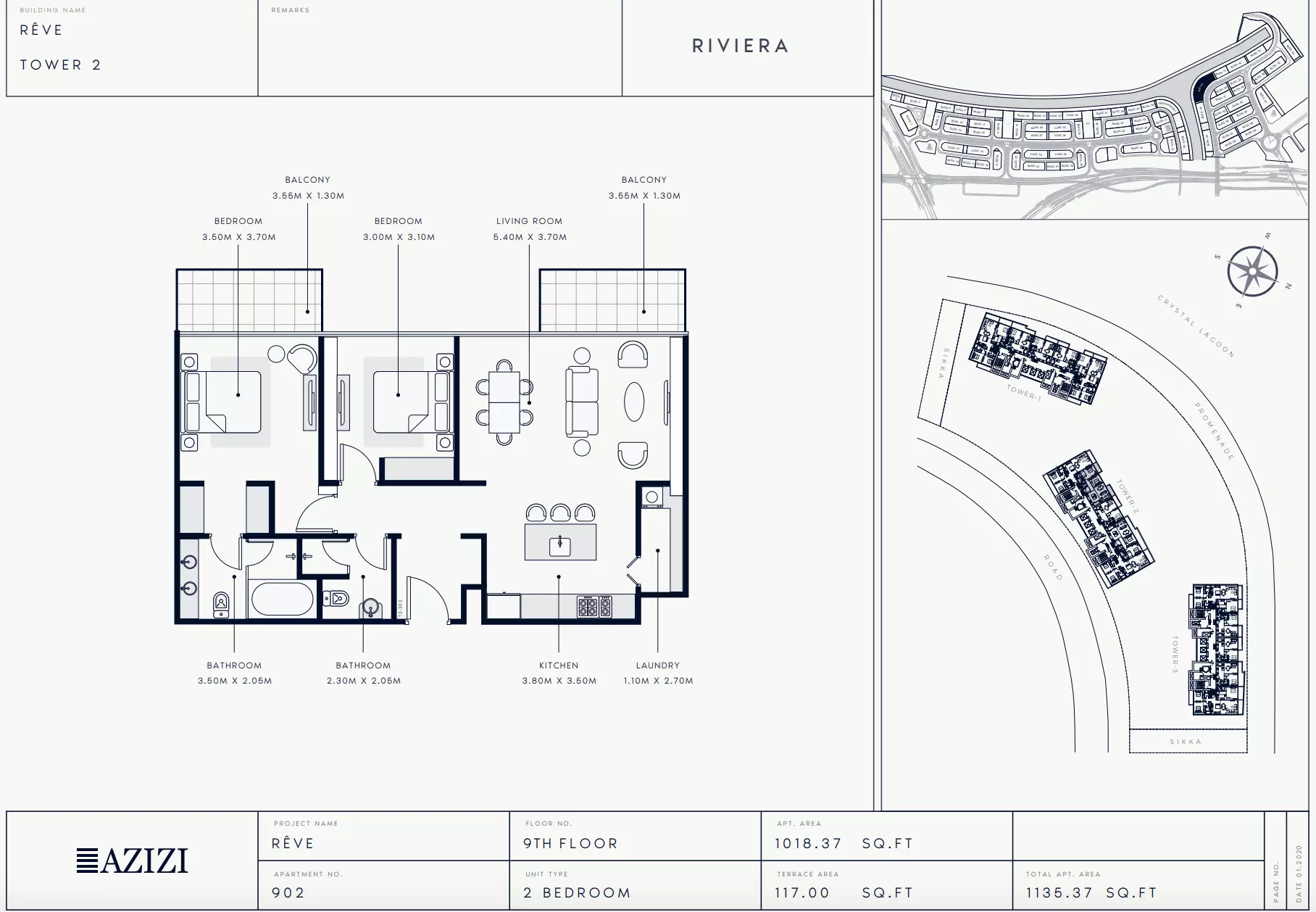 Azizi Riviera Reve Type 902-Tower 2, 2 beds