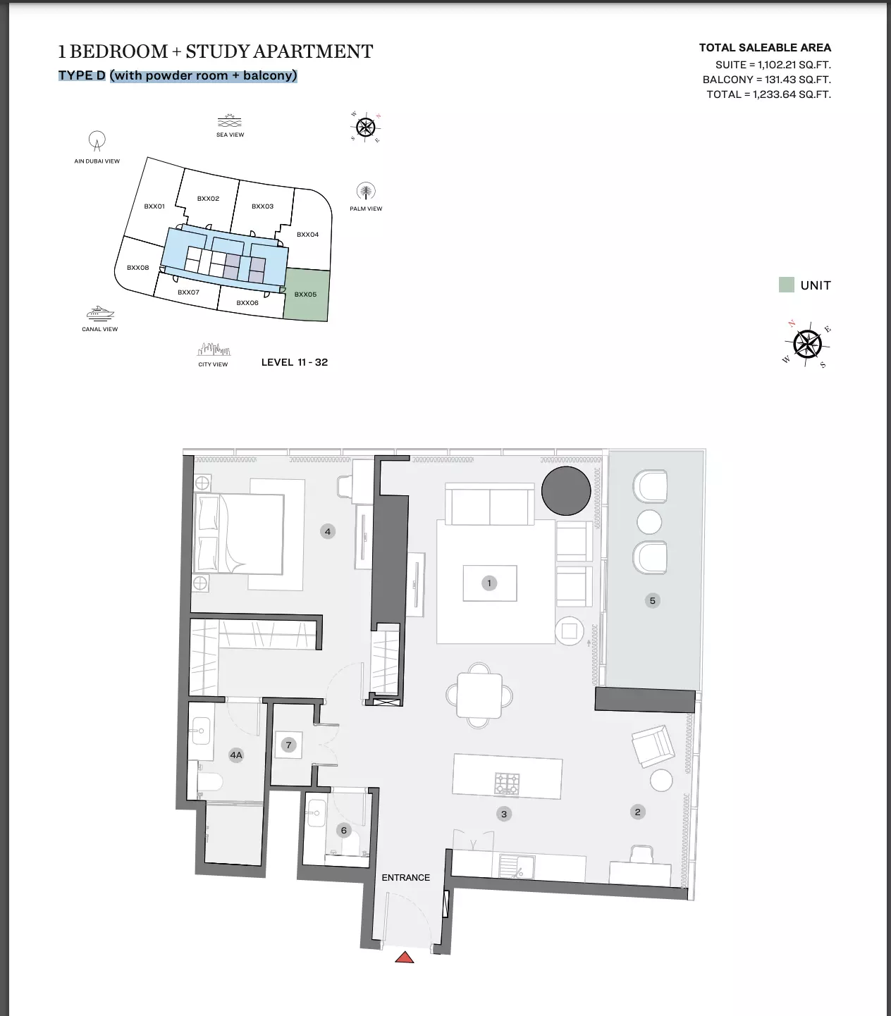 Sobha Seahaven Type D (with powder room + balcony), 1 bed