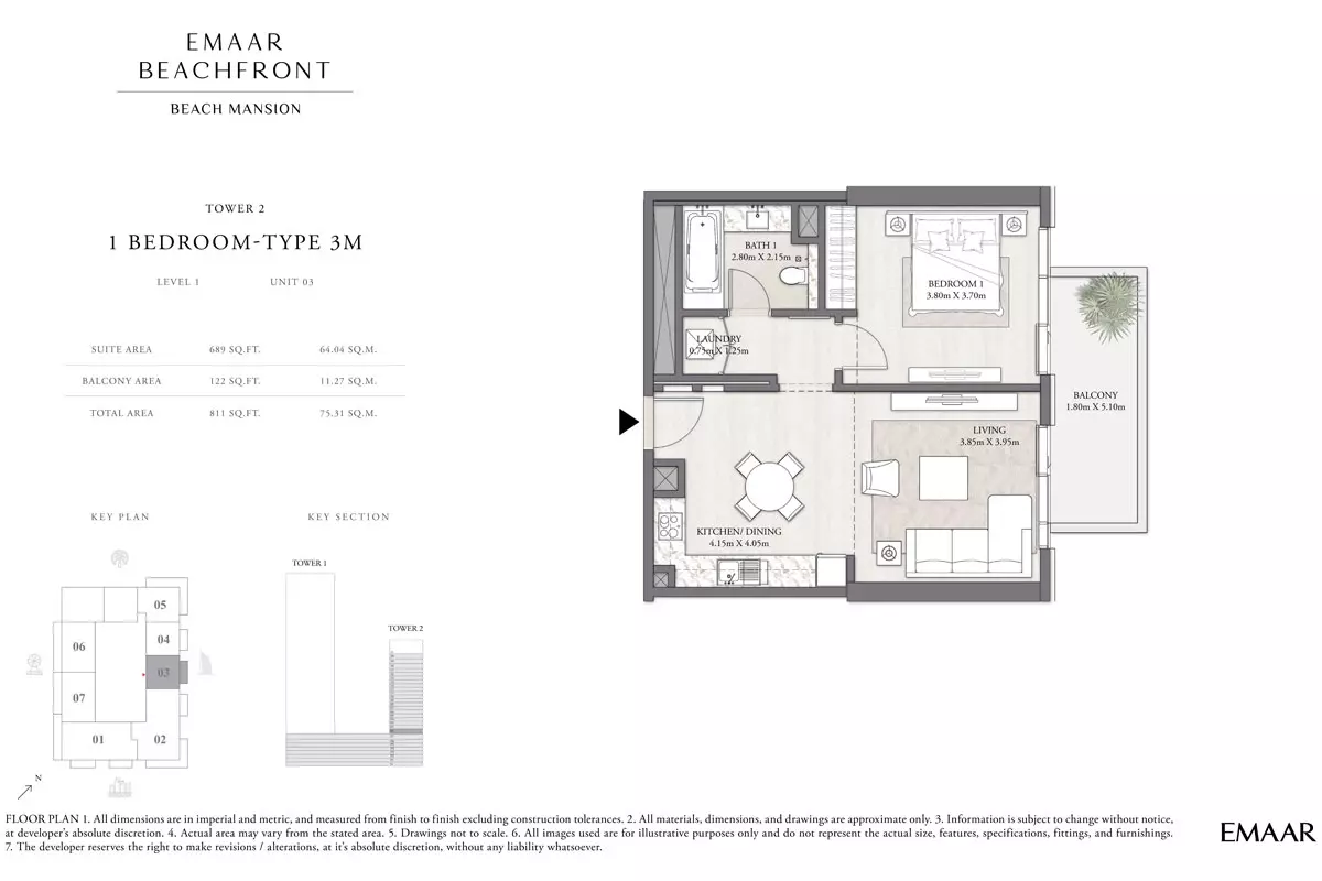 Beach Mansion Tower 2 Type 3M, Level 2-18, unit 03, 1 bed