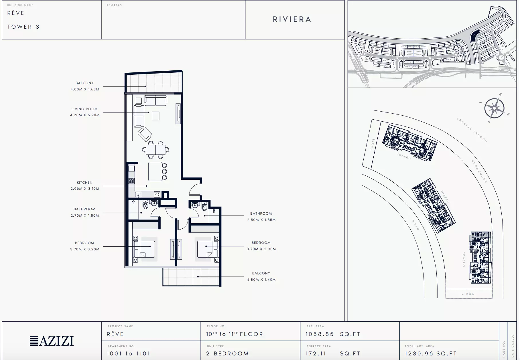 Azizi Riviera Reve Type 1001-Tower 3, 2 beds