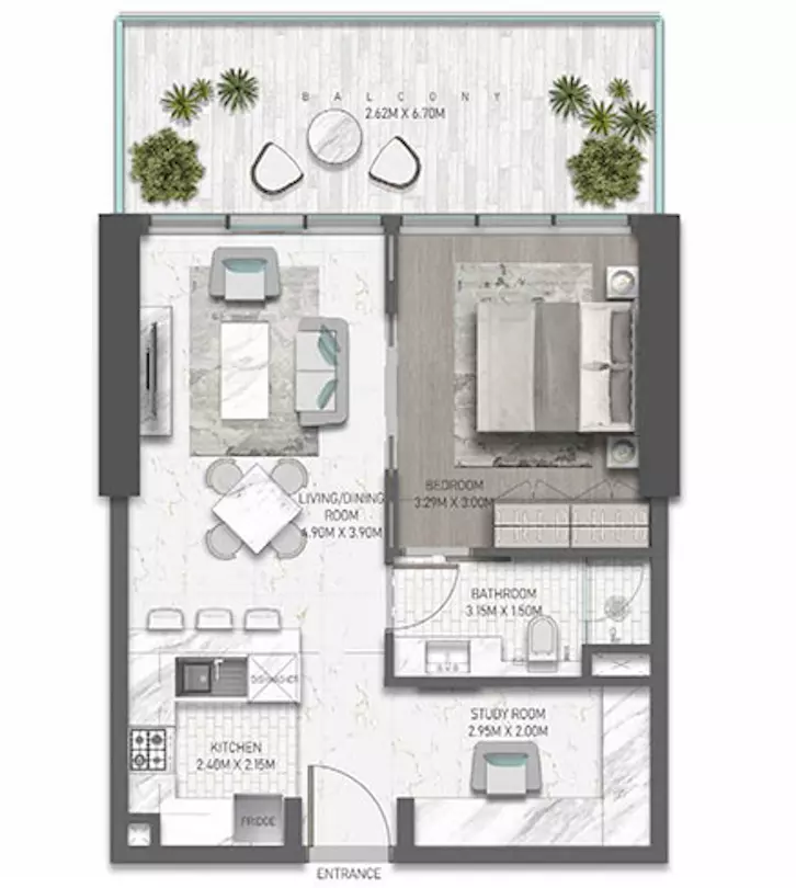 Damac Hills - Golf Greens 1 — 1BR floor plan