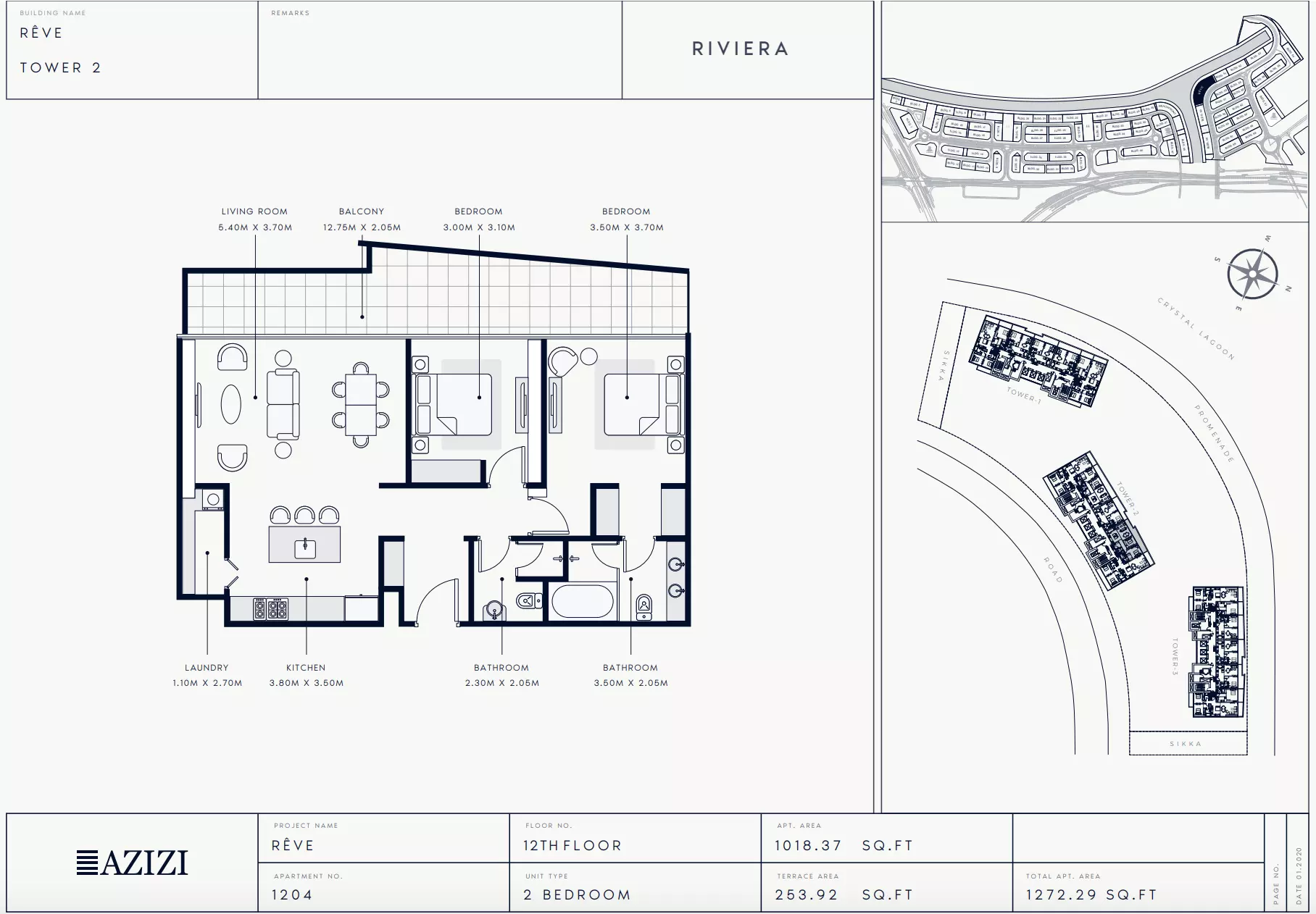 Azizi Riviera Reve Type 1204-Tower 2, 2 beds