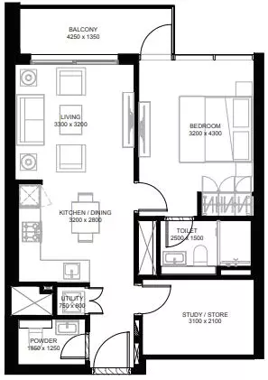 Sobha Hartland - Crest Grande — 1BR floor plan