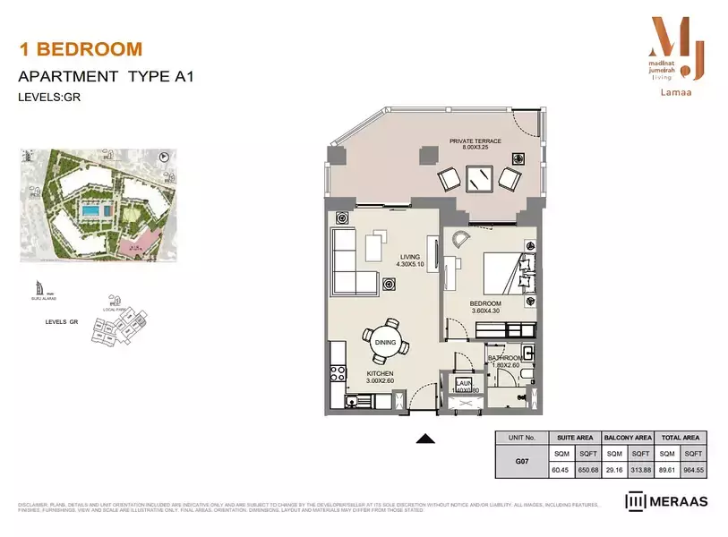 Lamaa Mjl Building 3 - Type A1 - Unit G07, 1 bed