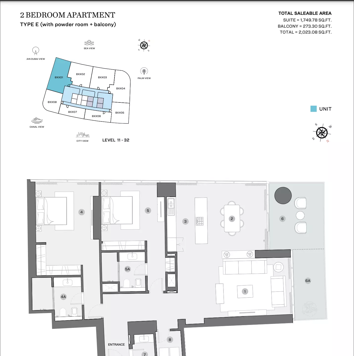 Sobha Seahaven Type E (with powder room + balcony), 2 beds