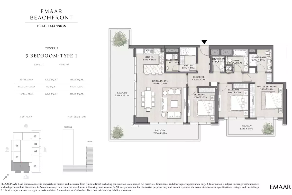 Beach Mansion Tower 2 Type 1, Level 1, Unit 01, 3 beds
