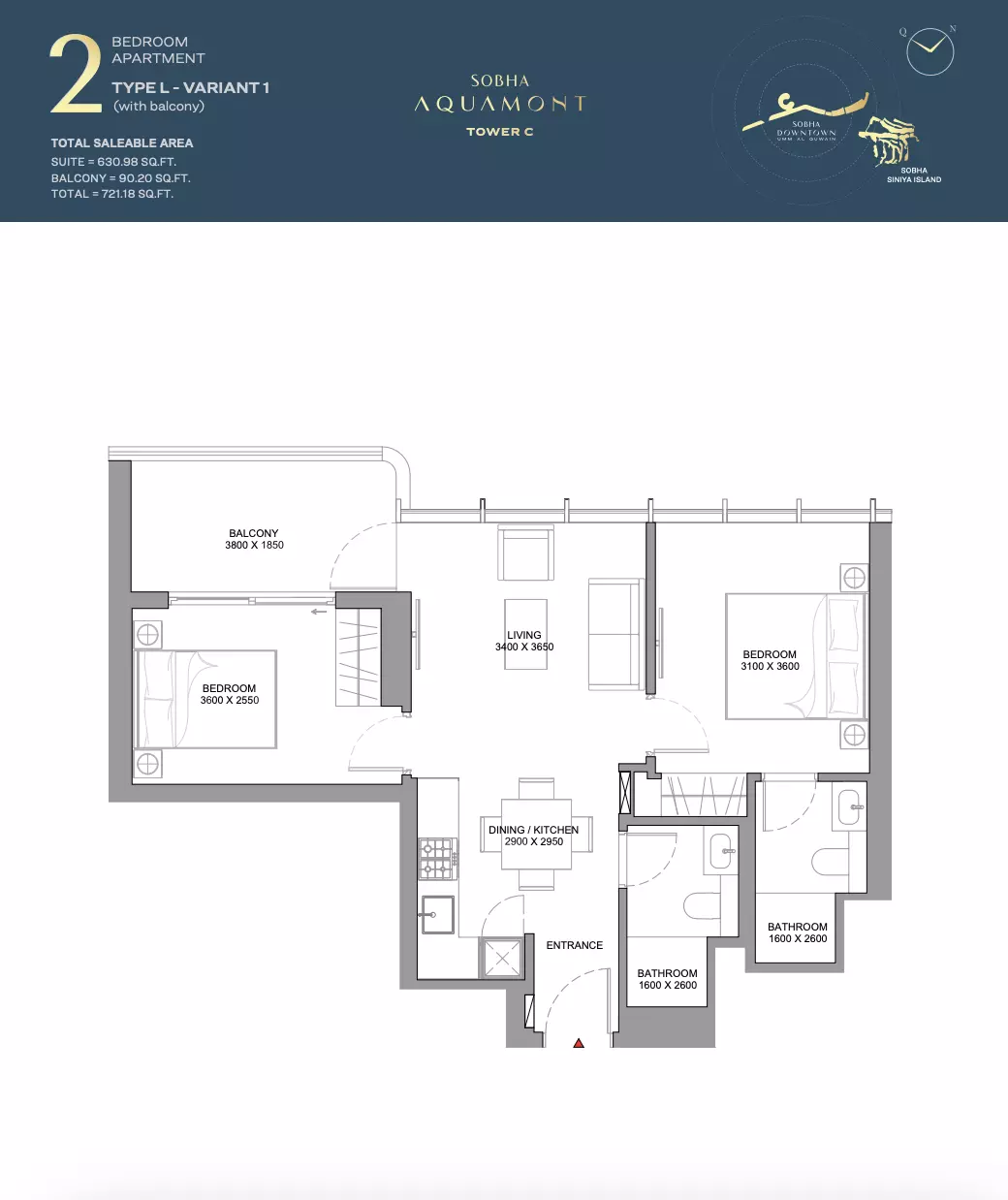 Sobha Aquamont Type L variant-Tower C, 2 beds