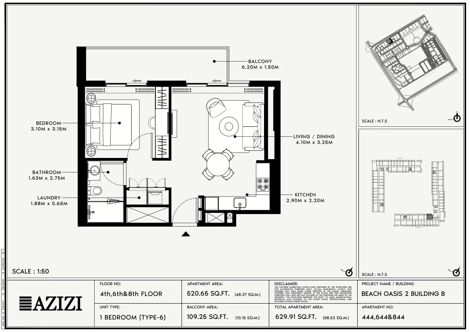 Beach Oasis Phase 2 By Azizi Type 6 - BB, 1 bed