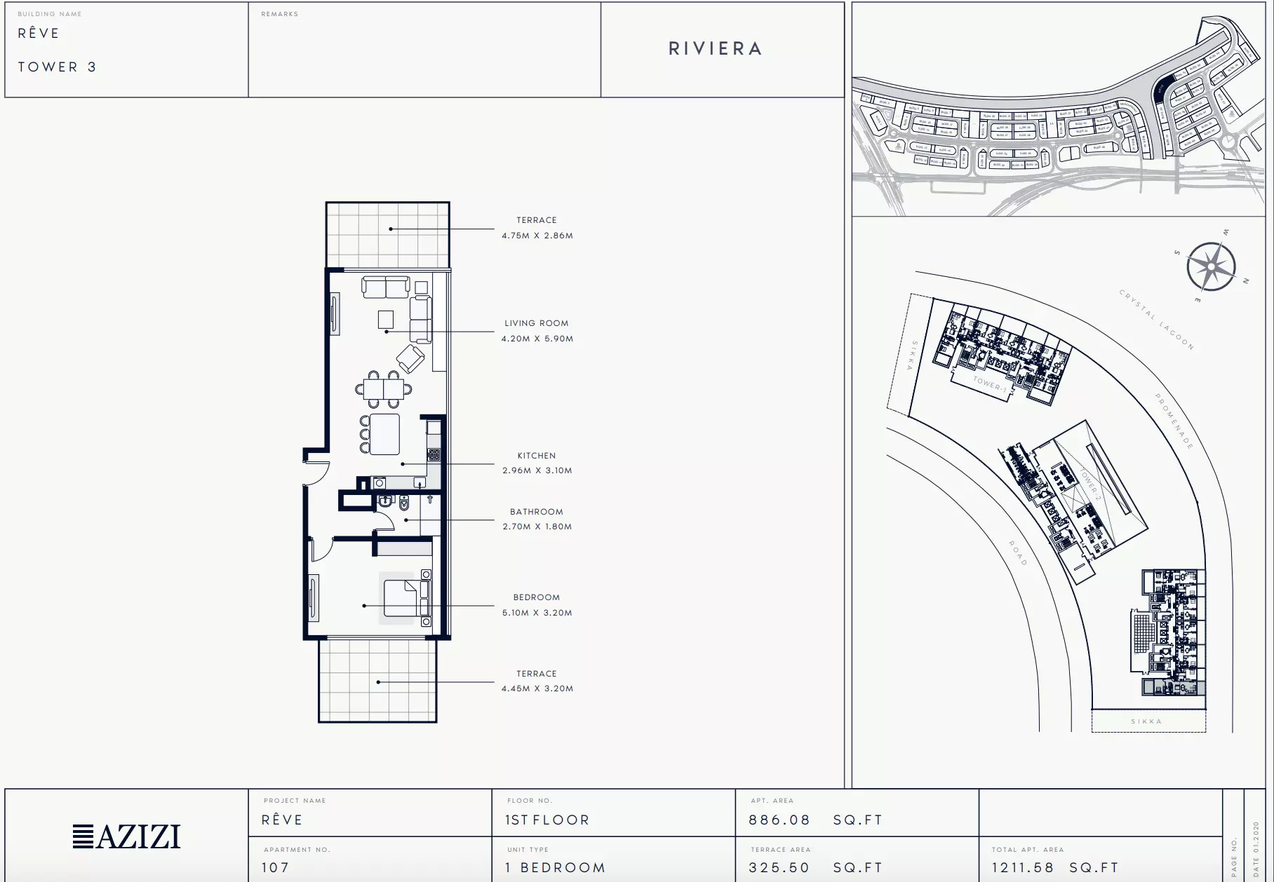 Azizi Riviera Reve Type 107-Tower 3, 1 bed