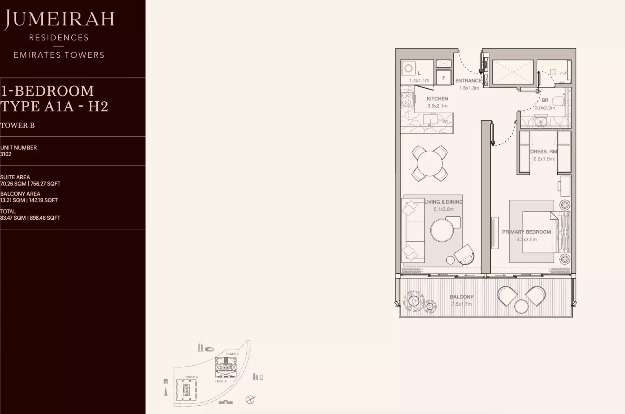 Jumeirah Residences Emirates Towers Type A1A - H2-Tower B, 1 bed