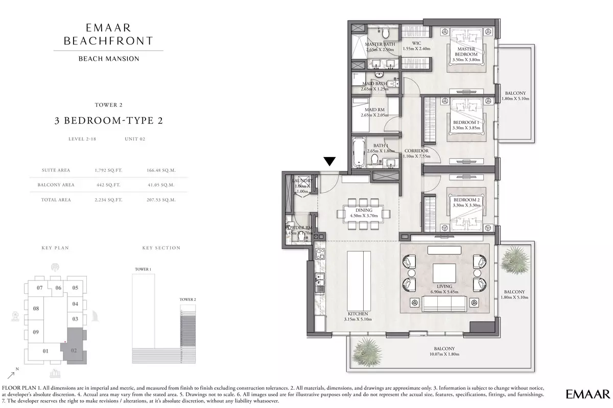 Beach Mansion Tower 2 Type 2, Level 2-18, unit 02, 3 beds