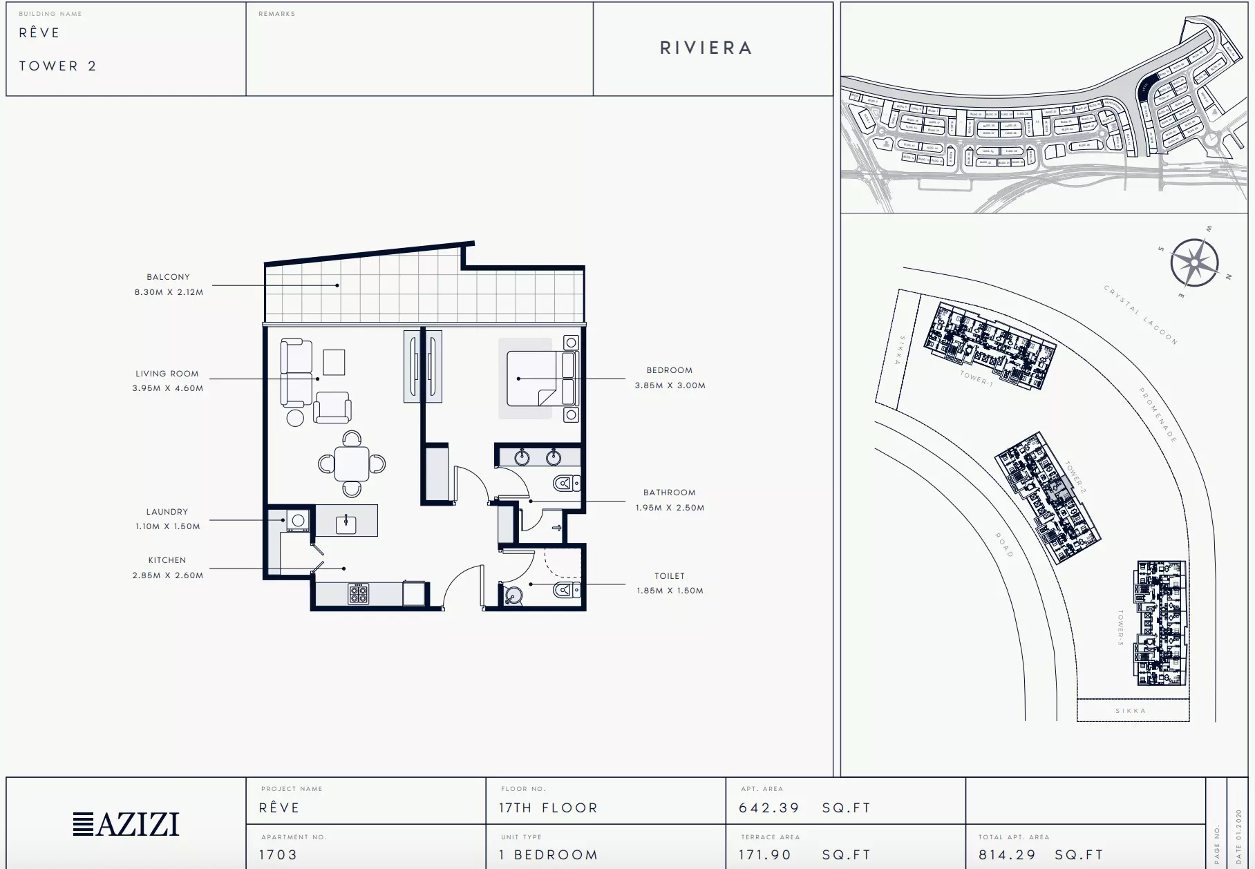 Azizi Riviera Reve Type 1703-Tower 2, 1 bed
