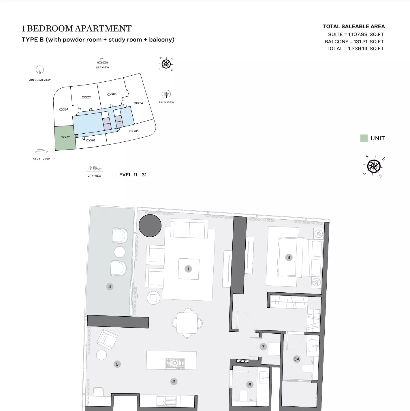 Sobha Seahaven Tower B & C — 1BR floor plan