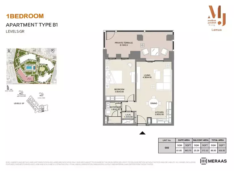 Lamaa Mjl Building 2 - Type B1 - Unit G02, 1 bed