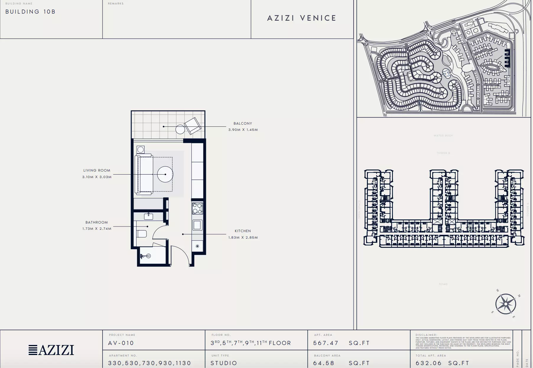 Azizi Venice 10 — 1BR floor plan