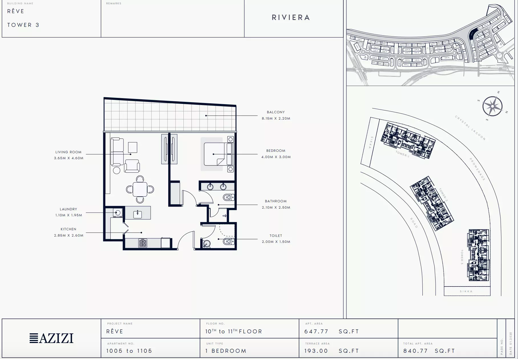 Azizi Riviera Reve Type 1005-Tower 3, 1 bed