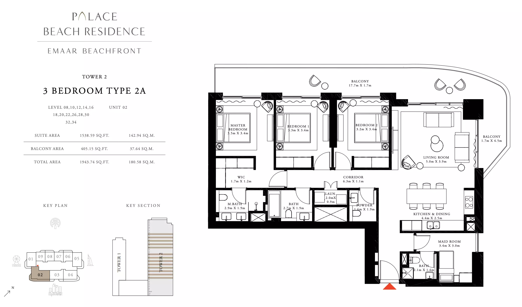 Palace Beach Residence Type 2A, 3 beds