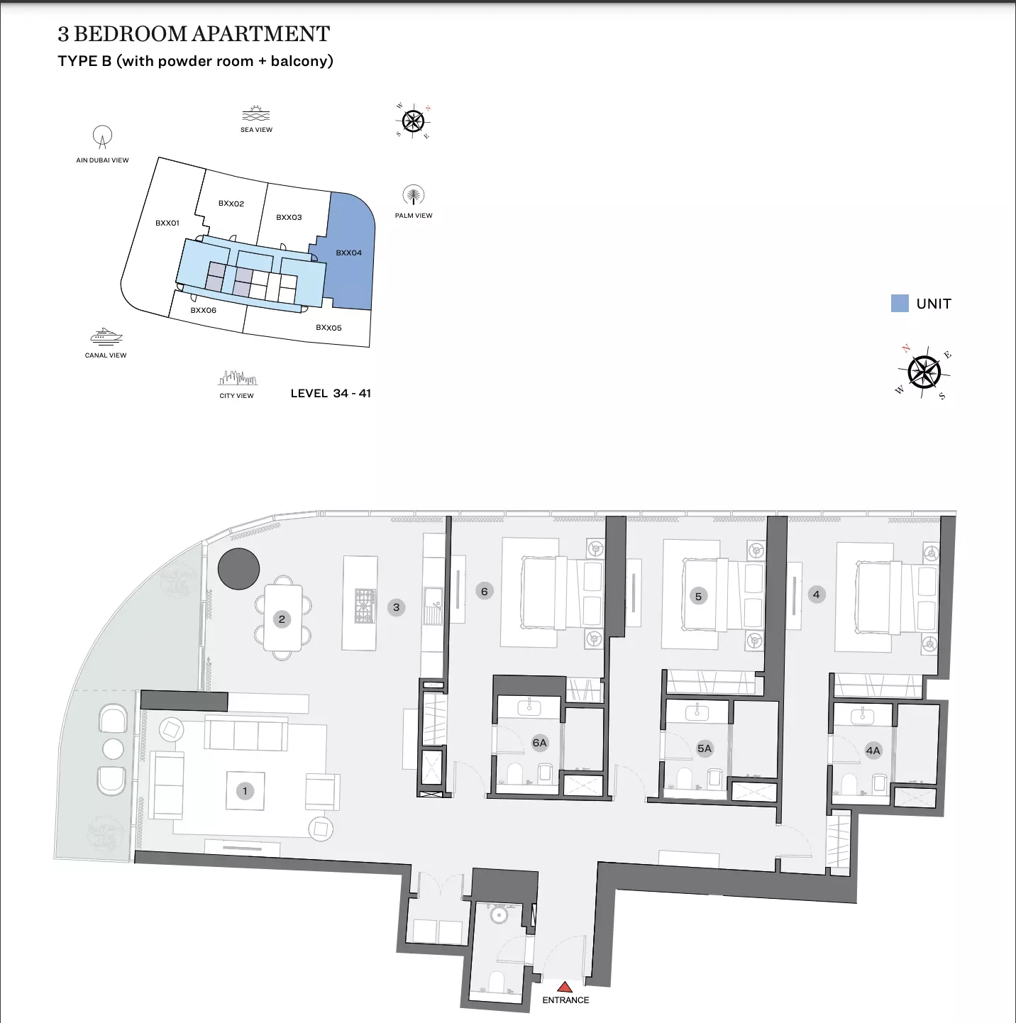 Sobha Seahaven Type B (with powder room + balcony), 3 beds