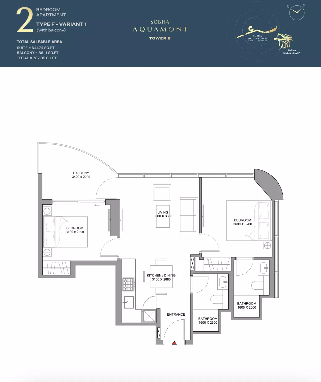 Sobha Aquamont Type F-Tower B, 2 beds