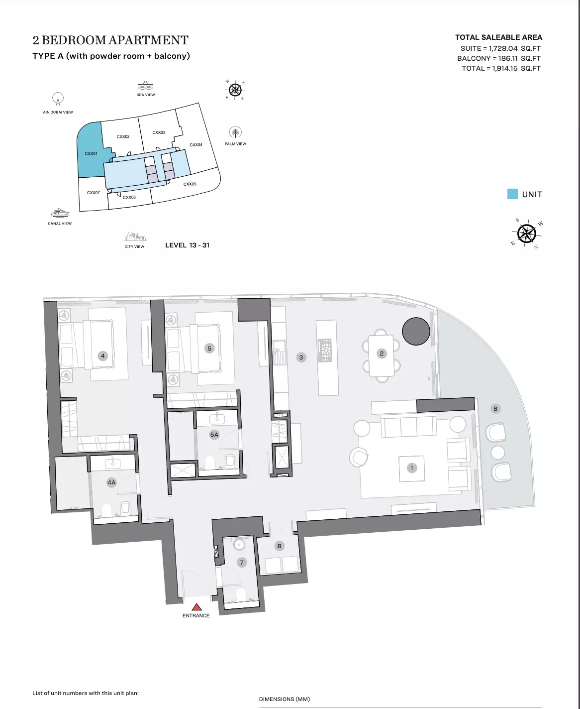 Sobha Seahaven Type A (with powder room + balcony), 2 beds