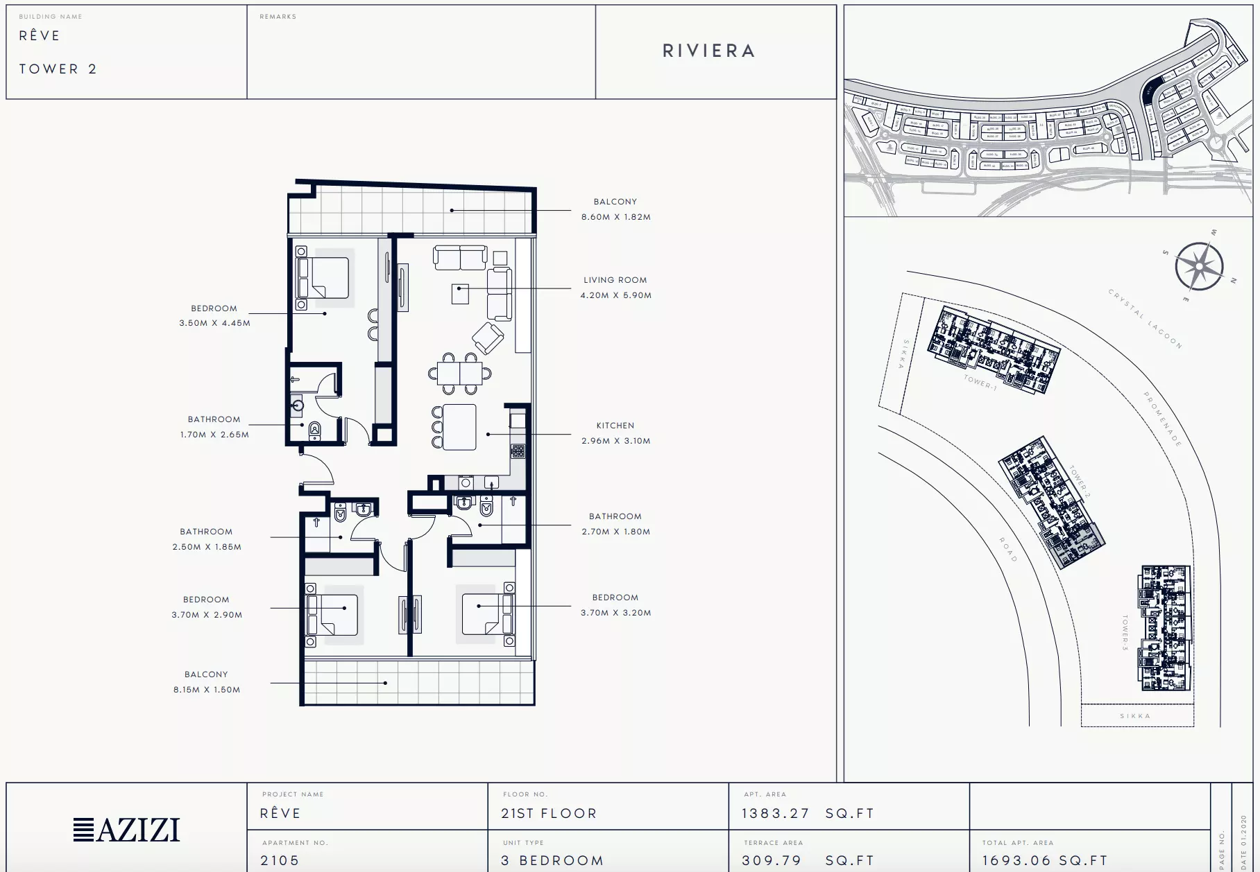Azizi Riviera Reve Type 2105-Tower 2, 3 beds