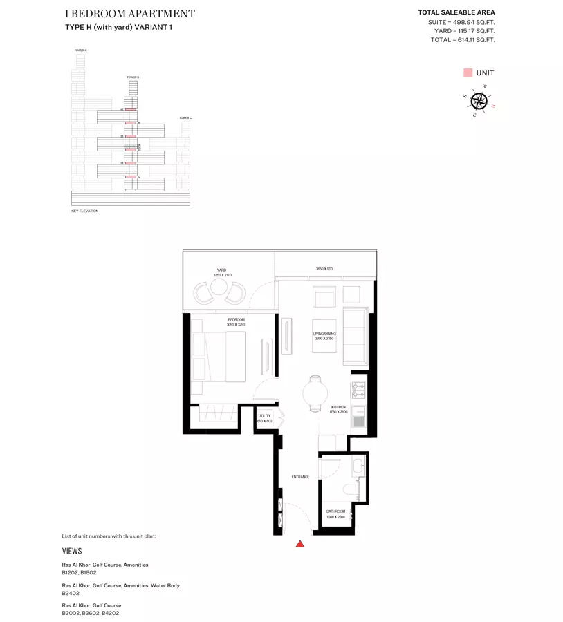 Sobha One Type H Variant 1-Tower B, 1 bed