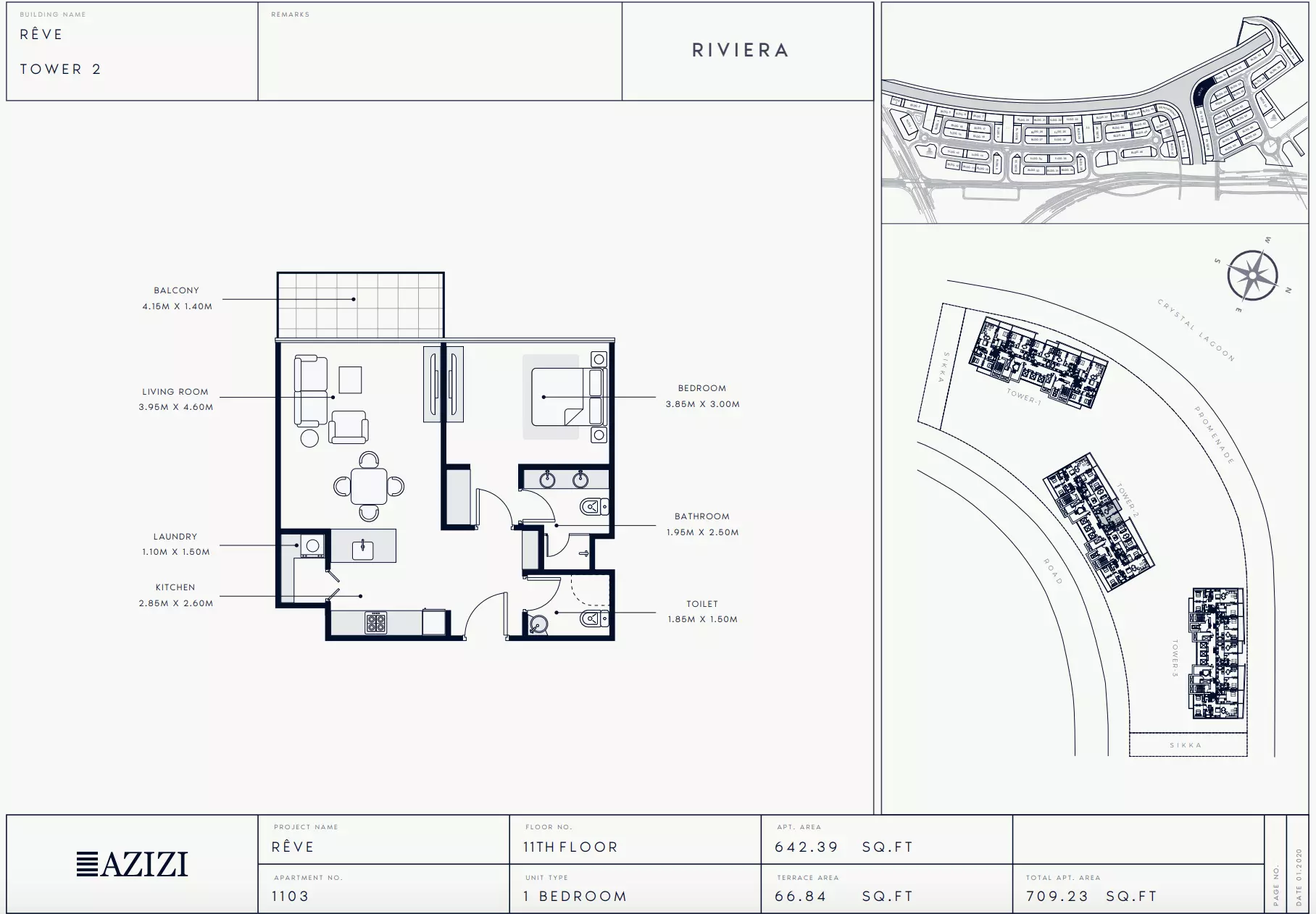 Azizi Riviera Reve Type 1103-Tower 2, 1 bed