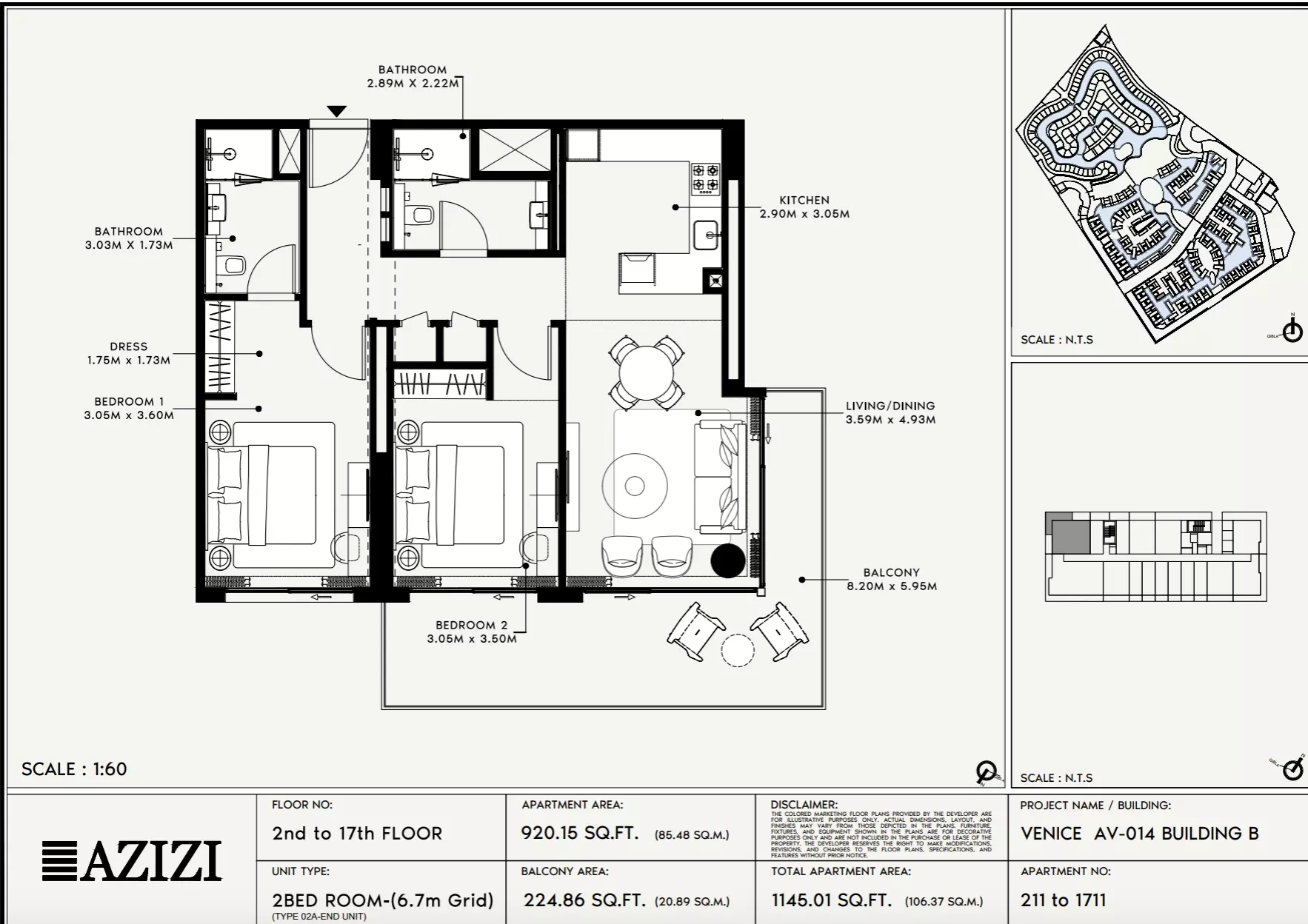 Azizi Venice 14 Type 211-Building B, 2 beds