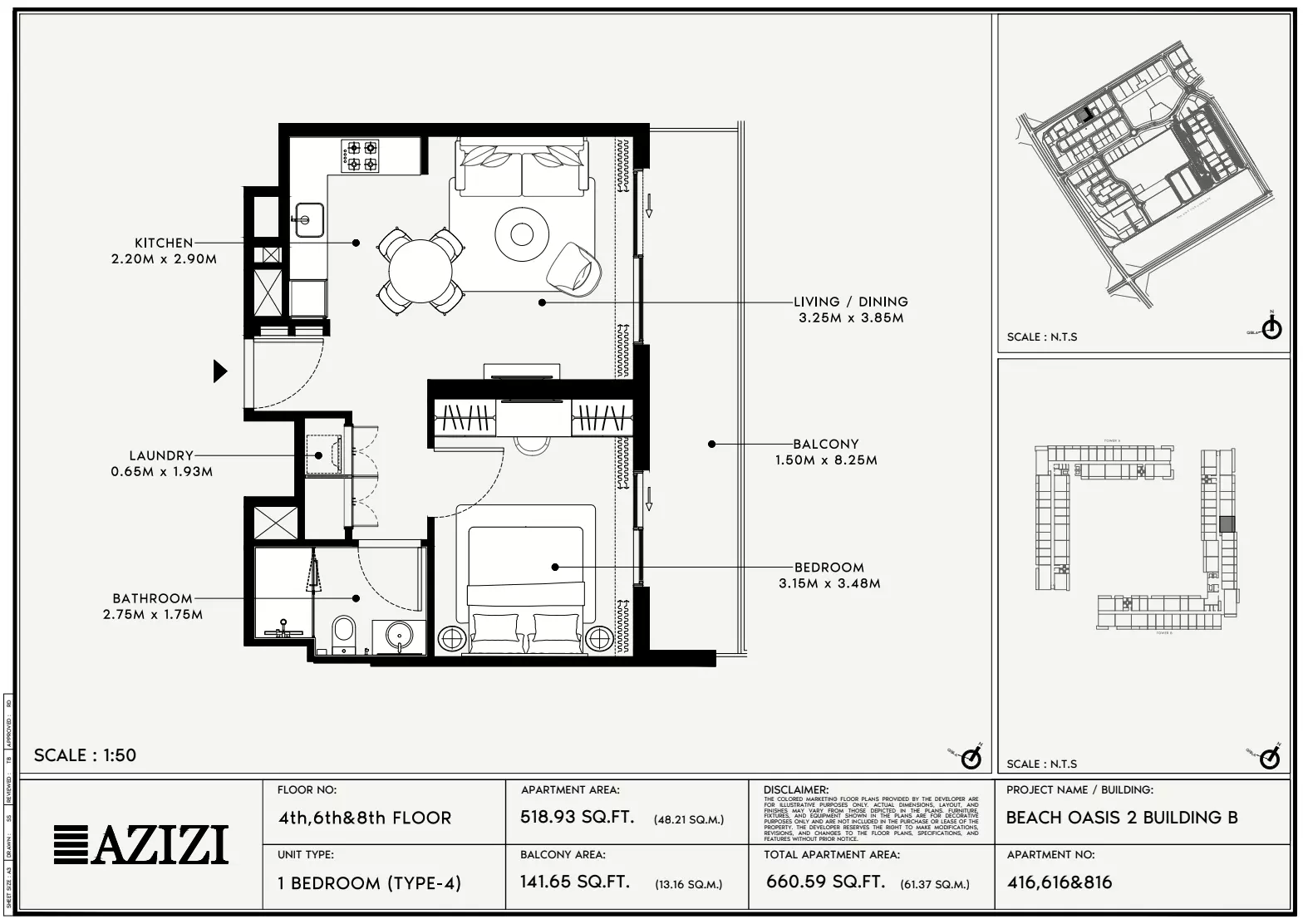 Beach Oasis Phase 2 By Azizi Type 4 - BB, 1 bed