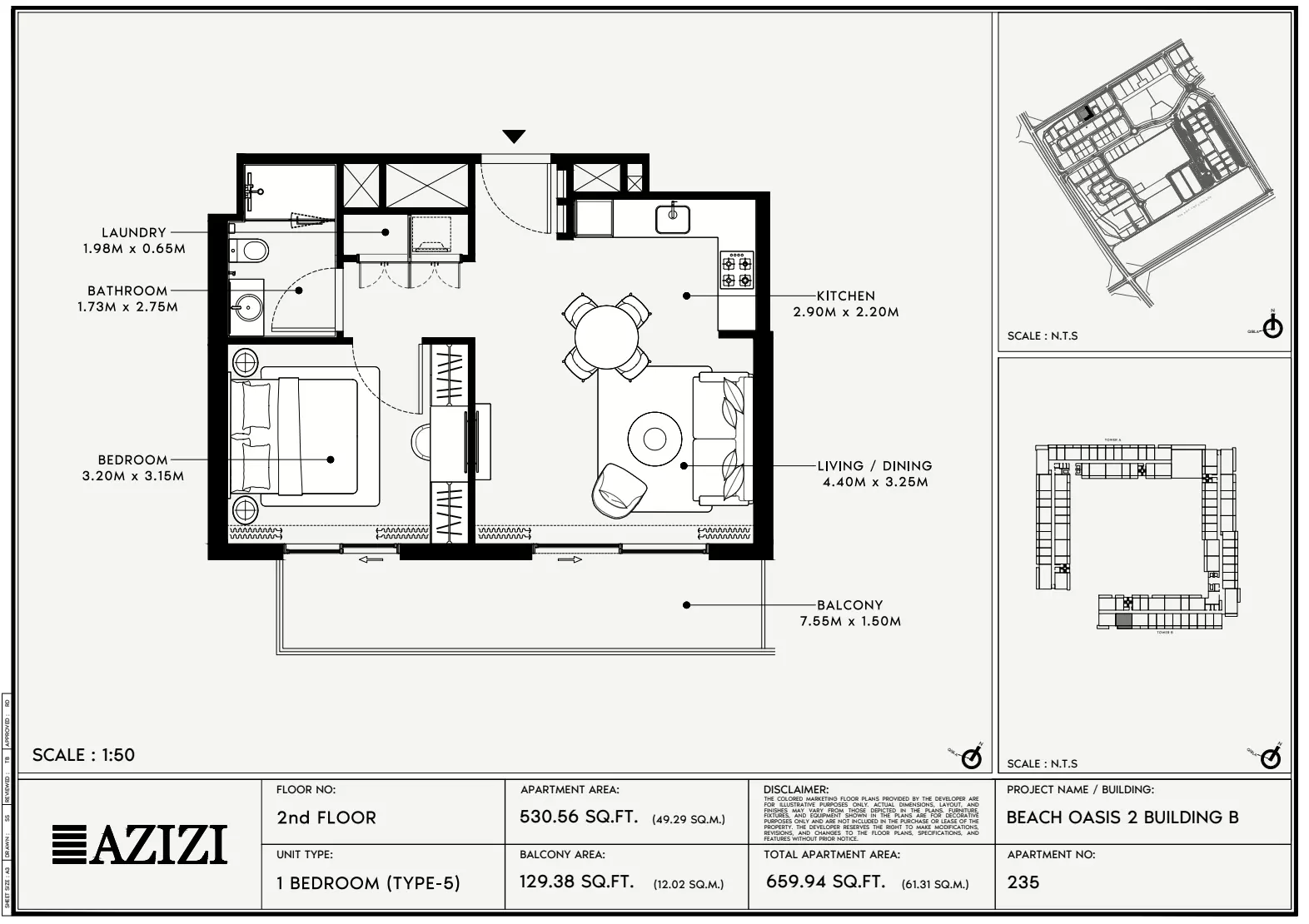 Beach Oasis Phase 2 By Azizi Type 5 - BB, 1 bed