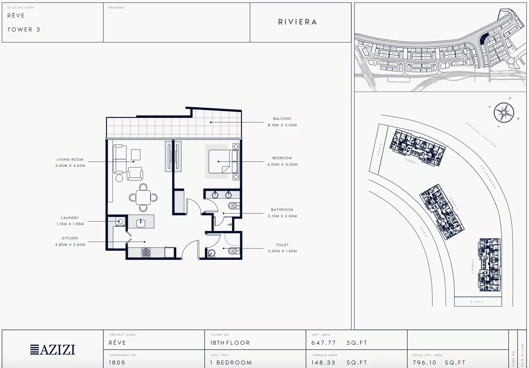 Azizi Riviera Reve Type 1805-Tower 3, 1 bed