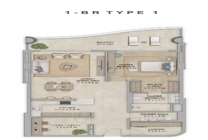 Mamsha Palm — 1BR floor plan