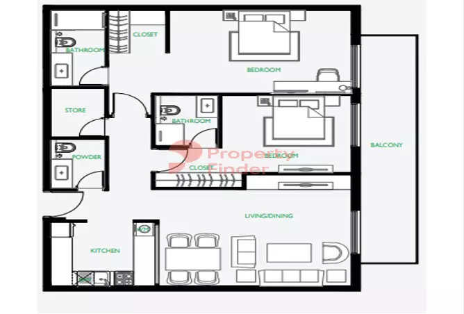 The Community Motor City — 2BR floor plan