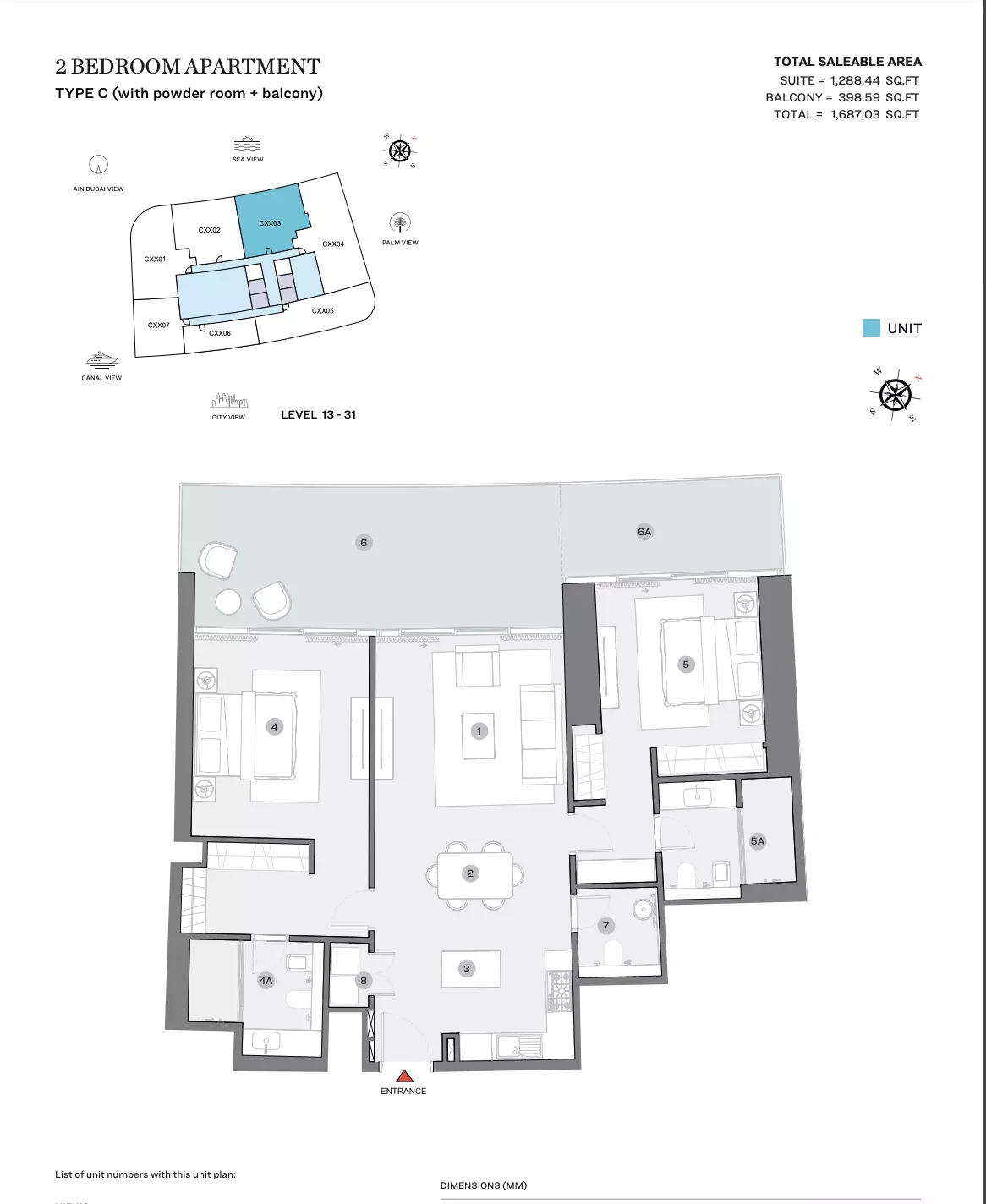 Sobha Seahaven Type C (with powder room + balcony), 2 beds