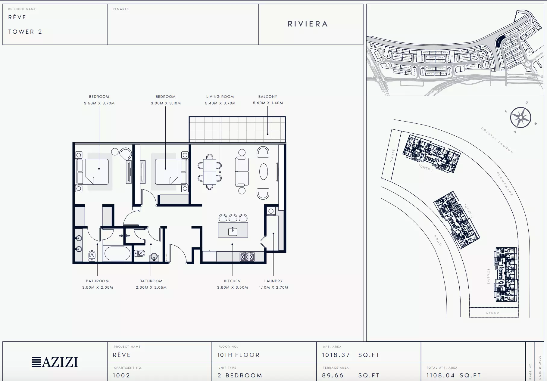 Azizi Riviera Reve Type 1002-Tower 2, 2 beds