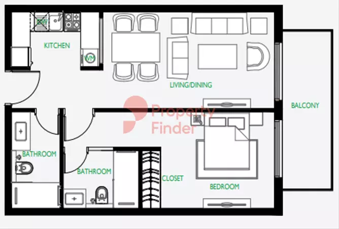 The Community Motor City — 1BR floor plan