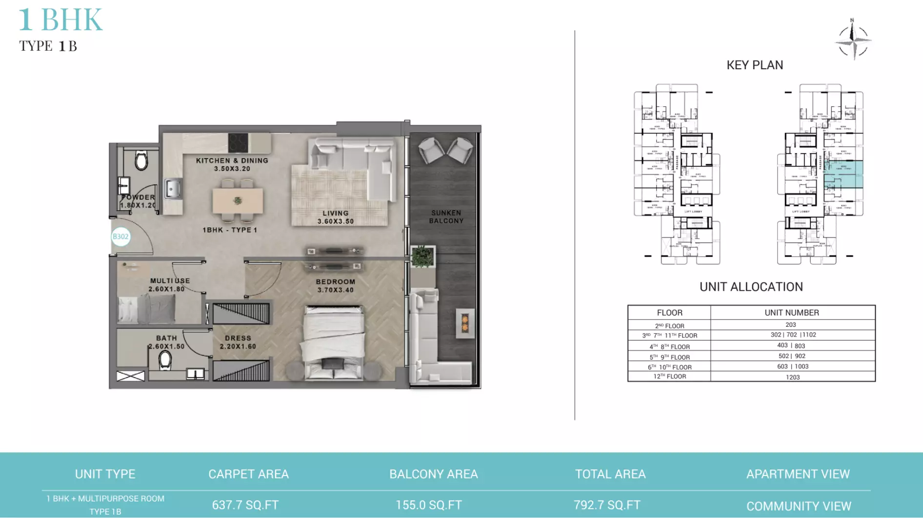 Reef 999 Type 1B - Tower B, 1 bed